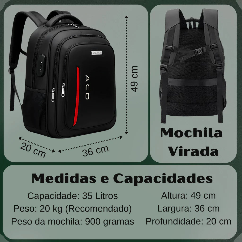 Mochila Unissex A.C.O Impermeável para Notebook Senha Carregamento USB/Fone